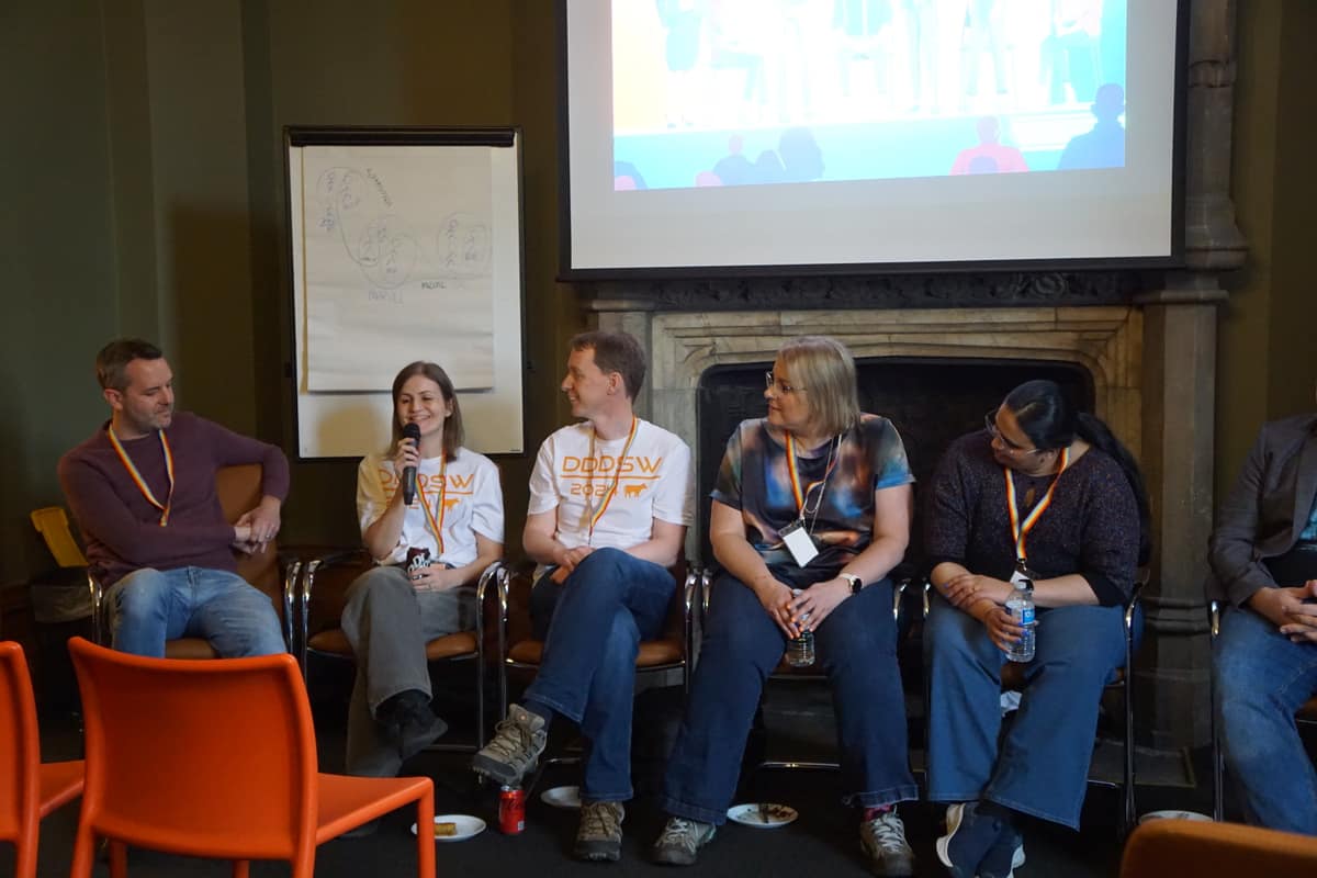 A panel of speakers wearing DDDSW t-shirts and lanyards on stage.